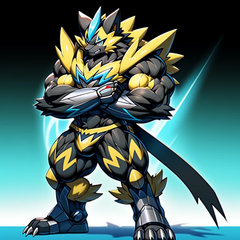 (Pokémon) Zeraora's giant robot. big muscle. GIANT. pecs, triceps, traps, waist narrow. bulge in the crotch, wears a small black string thong that reveals huge, muscular thighs. (metallic color: jet black thong) body full of huge muscles. bulge in the crotch, wears a small black string thong that reveals huge, muscular thighs. (metallic color: jet black thong) He wears a black cloak on his back. The cloak is so long that it touches the ground, crossed arms. The claws are sharp,
Sharp teeth, Protecting Zeraora's design and color scheme. bulge in the crotch, wears a small black string thong that reveals huge, muscular thighs. (metallic color: jet black thong)