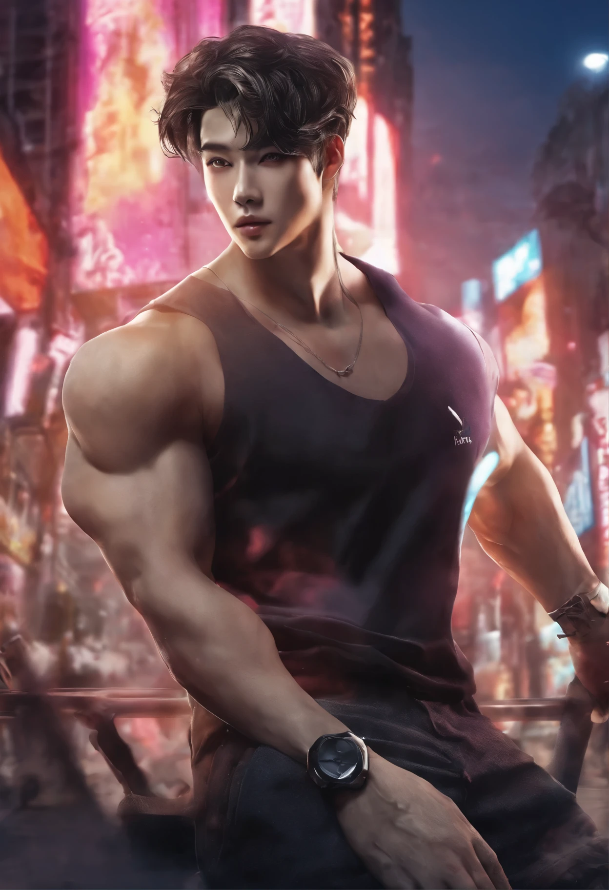 8K, masutepiece, Raw photography, Best Quality, Photorealistic, Highly detailed CG Unity 8K wallpapers, depth of fields, Cinematic Light, Lens Flare, Ray tracing, (Very beautiful and charismatic face, Beautiful lips, Beautiful eyes), intricately detailed face, (Ultra detailed skin), 1 man, In nature, In the deep shadows, Beautiful European Man, Kpop Idol, 1 male, (very strong and muscular body:1.3), (looking at audience), (Great determined appearance) :1.3), (Sleeveless), (Fashion City Night, a dark night, neon signs, Blurred background), Fashion Street Night, (The person behind々:1.3), Beautiful earrings, Bracelets, Necklace, pantyhose, Clear eyes, Walking, (pale skin), (Big eyes), Face forward, (upperbody shot), (loose-fitting clothes:1.3), (Brown hair), (Bosch Clothing, (Transparent), (looking at audience:1.3) Very strong ,, back turned, (Back shot), Transparent, Medium hip.