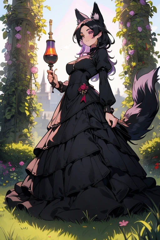 A black haired woman with purple eyes and an hourglass figure with black fox ears and a black fox tail wearing a conservative ball gown is posing in the garden