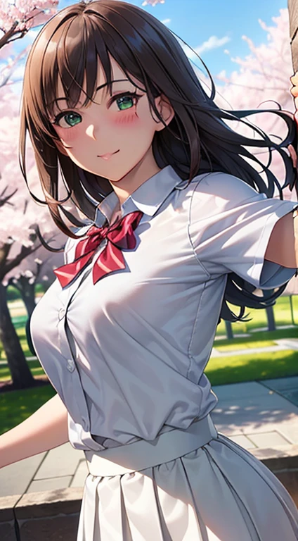 ((masterpiece, highest quality, High resolution, Hyper HD, Pixel perfect, Depth of written boundary, 4K, RTTX 10.0, High resolution))), One girl, single, alone, Beautiful Anime Girls, Beautiful art style, Anime Figures, ((Long Hair, bangs, Brown Hair, Curly Hair:0.8)), ((Green Eyes:1.4, Round eyes, Beautiful eyelashes, Realistic eyes)), ((Detailed face, Blushing:1.2)), ((Smooth texture:0.75, Realistic texture:0.65, Realistic:1.1, Anime CG Style)), Medium chest, Dynamic Angle, Perfect body, ((viewing angle, Dynamic pose, Portraiture)), ((Red bow tie, , white thin shirt, Thin skirt in white)), smile, Open your mouth, amusement park, ((Cherry tree, Cherry blossoms fall)), Natural light, Bright sky, sunlight