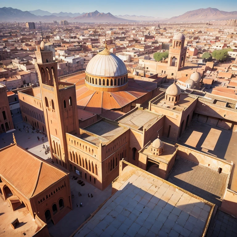4k resolution picture, ultra realistic picture, Marrakech city, a huge mosque with dome on top, entire market area in top views, shops everywhere, Moroccan architectures, top views