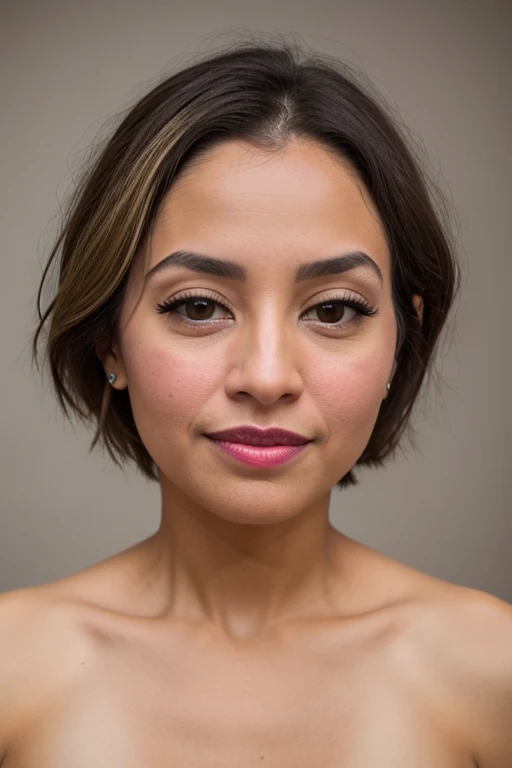 full face portrait photo, nude woman, short cropped style haircut, blonde, 35 years old, 25% African-American, 25%  Mexican, 25% Egyptian, 25% Iranian, plain neutral background, no shadows, uniform lighting, no beard, no facial hair, no shadows, even lighting, ring light, facing camera, face well lit