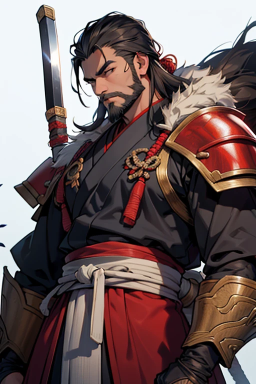Takeda Katsuyori、Takeda Clan General、1582、Japanese Male、36 years old、Sengoku Warlords、Vermilion Japanese Armor（pocket、breastplate、Shoulder rest、Hand guard、Complete）、Japanese sword on waist、Rugged face、Sharp Eye、rich beard、shortage々Long hair、Blue back、whole body、Muscular、legs are short、Abnormally large, muscular upper body、thick-boned、