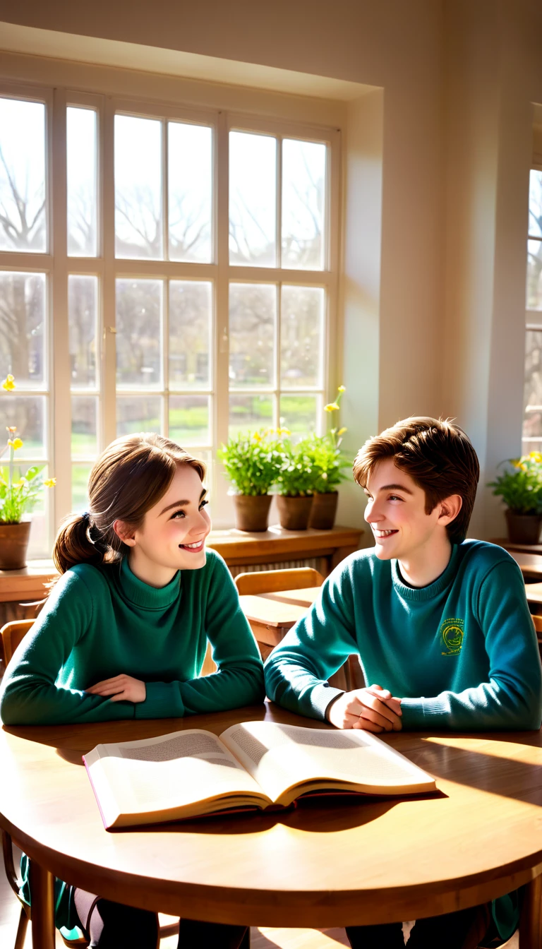 INT. school day
The gentle scent of spring and the hum of conversations fill the air of a classroom. Sunlight streams in through the large windows, casting a warm glow on the wooden tables and plush armchairs that dot the room. Students talk calmly, absorbed in their own thoughts or participating in lively discussions. At a corner table near the window, two friends, ANNA and BEN, are sitting opposite each other, with books propped on the table between them. Anna, with her bright eyes and infectious smile, radiates an aura of positivity, while Ben, with his thoughtful demeanor and kind eyes, exudes a sense of calm.