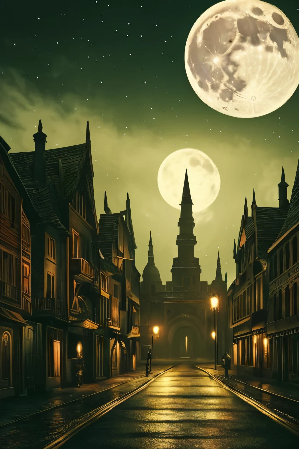 night town, night view, retro, moon light, dark scene, dark mist, horror, dark fantasy, high detailed, high quality, real shadow, masterpiece,