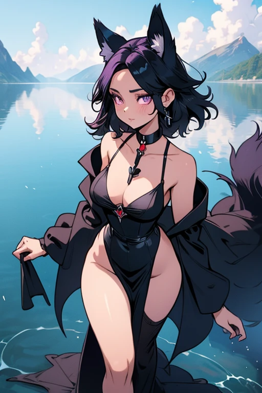 A black haired woman with purple eyes and an hourglass figure with black fox ears and a black fox tail wearing a conservative ball gown is walking in a lake