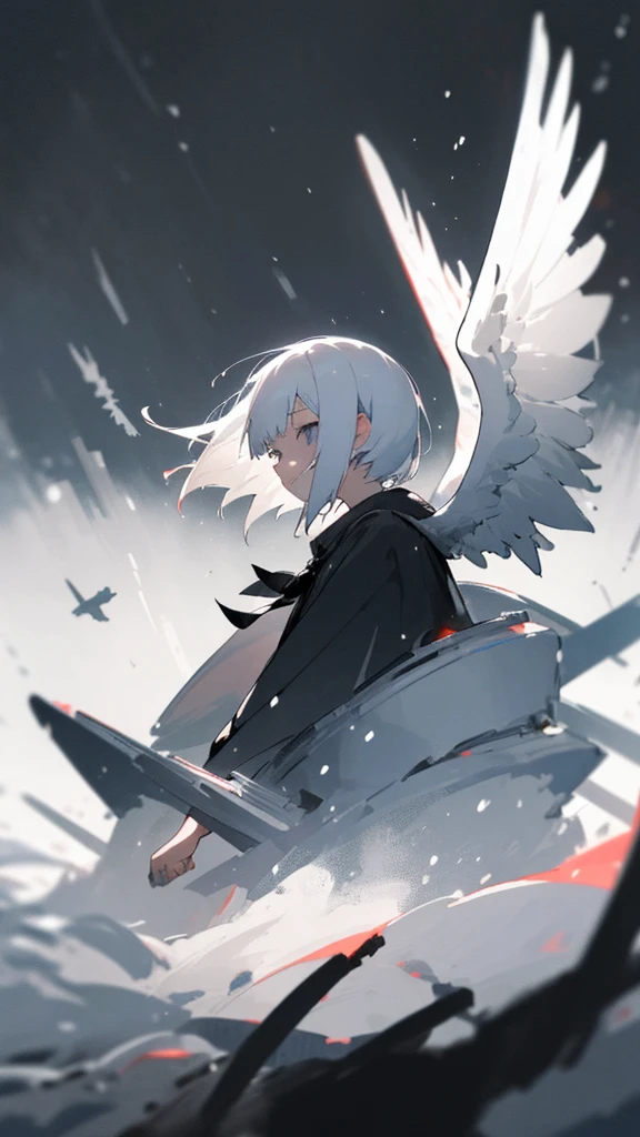 (masterpiece、highest quality)、Short nape hair、1 girl with very short white hair、Black cardigan、Grim expression、Grey Eyes、Warm lighting、 Blurred foreground、night深く、High Contrast、night、In the city,it&#39;s snowing,Heavy snowfall,winter,Alone in the vast snowy field,whole body,curse,Facing forward,Huge construction,Flying with robot wings
