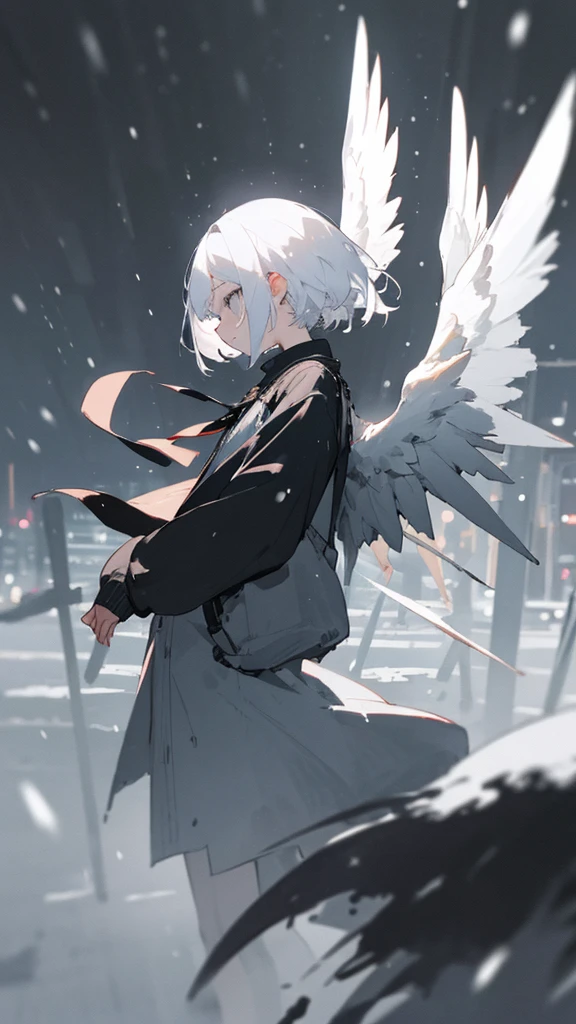 (masterpiece、highest quality)、Short nape hair、1 girl with very short white hair、Black cardigan、Grim expression、Grey Eyes、Warm lighting、 Blurred foreground、night深く、High Contrast、night、In the city,it's snowing,Heavy snowfall,winter,Alone in the vast snowy field,whole body,curse,Facing forward,Huge construction,Flying with robot wings
