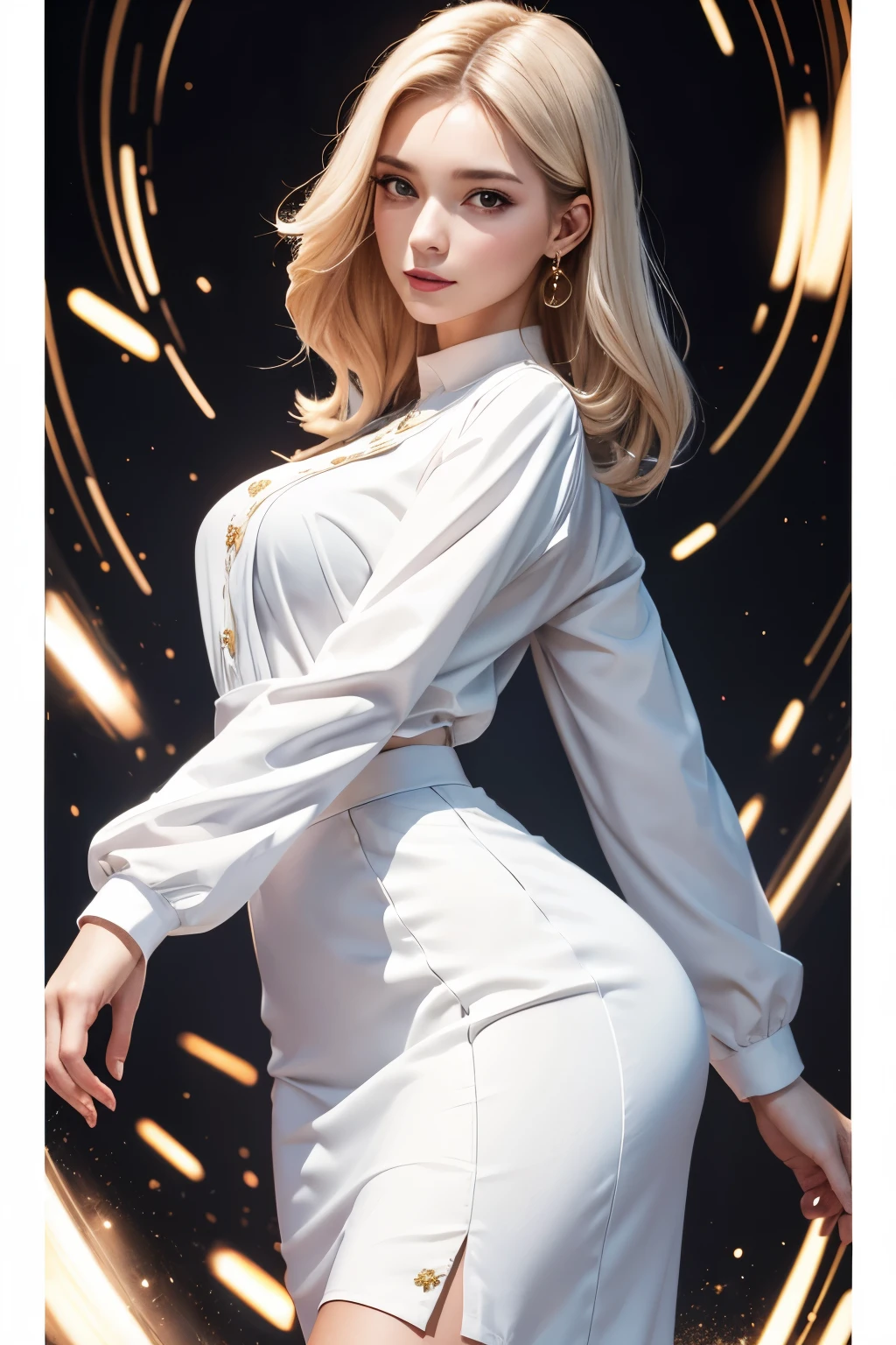 best quality, super fine, 16k, incredibly absurdres, extremely detailed, delicate, flashy and dynamic depiction, beautiful white woman, excited look, superlative body proportion, wearing white long-sleeved and long skirt work clothes, portrait, background simple color