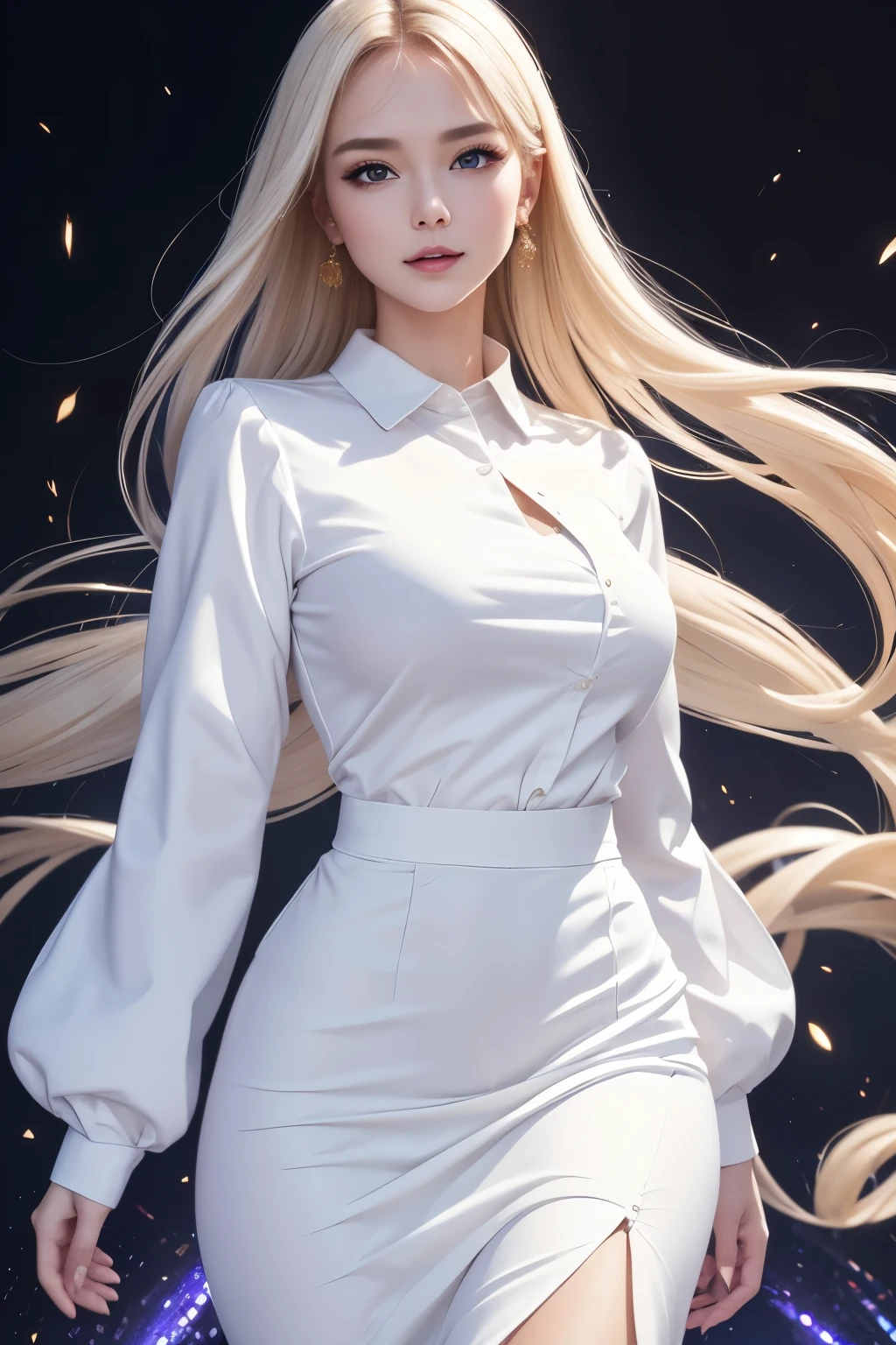best quality, super fine, 16k, incredibly absurdres, extremely detailed, delicate, flashy and dynamic depiction, beautiful white woman, excited look, superlative body proportion, wearing white long-sleeved and long skirt work clothes, portrait, background simple color