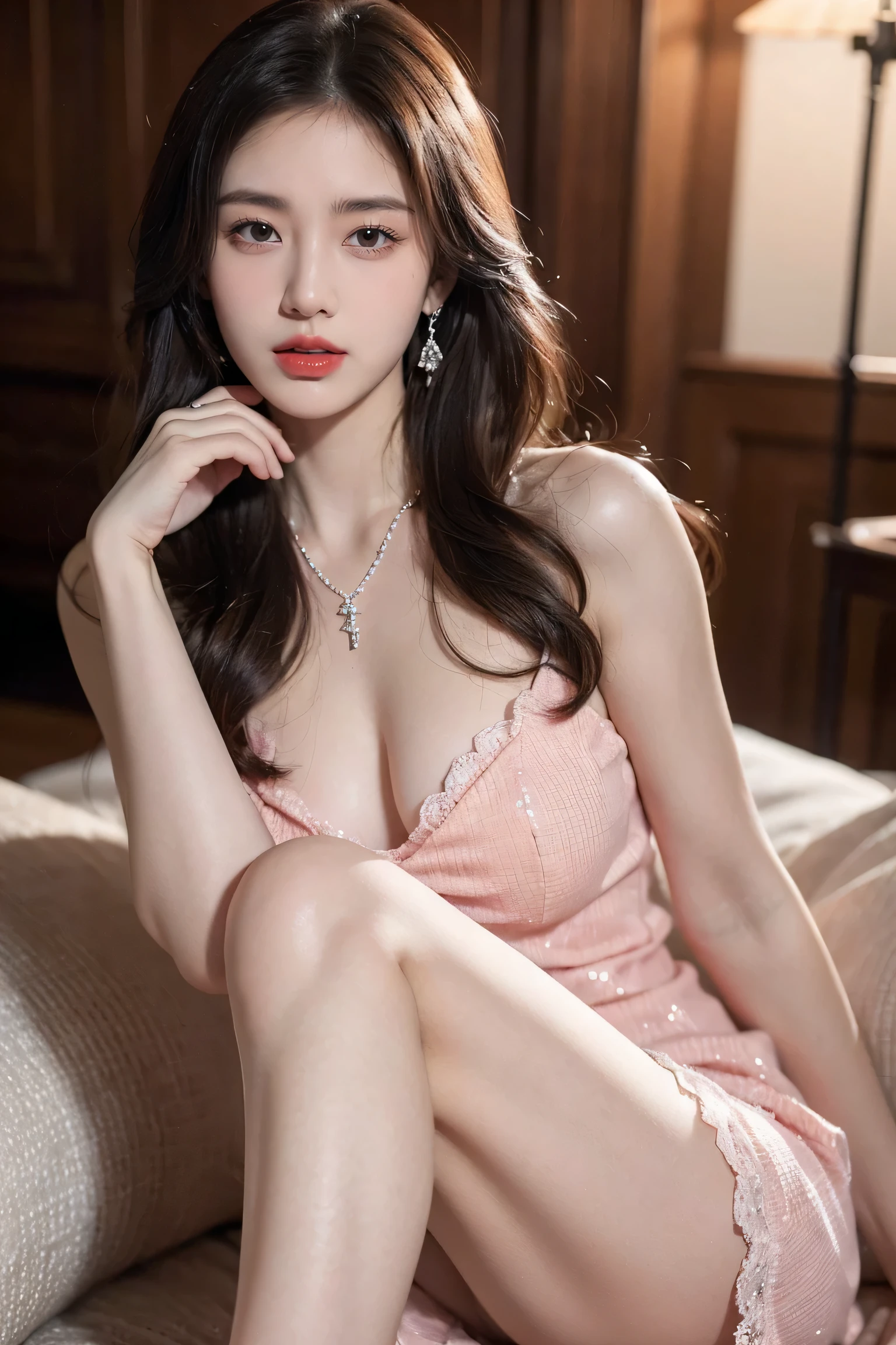 Top CG, Highest image quality, masterpiece, Gentle and beautiful girl, (185cm美女), (fit), Imperial sister, Queen temperament, White skin, ((Long legs)), perfect facial features, Bright Eyes, Seductive pose, Red lips, Beautiful and cold (A major breakthrough)), Beautiful and heroic, Soft and long hair, Glittering, Lace, net, Visible through clear skin, wear glasses, diamond earrings, ruby neckLace, (Pink dress), 8K Image Quality, (Realistic Portraits), Characters fill the screen, (Facial lighting), ((eternal)