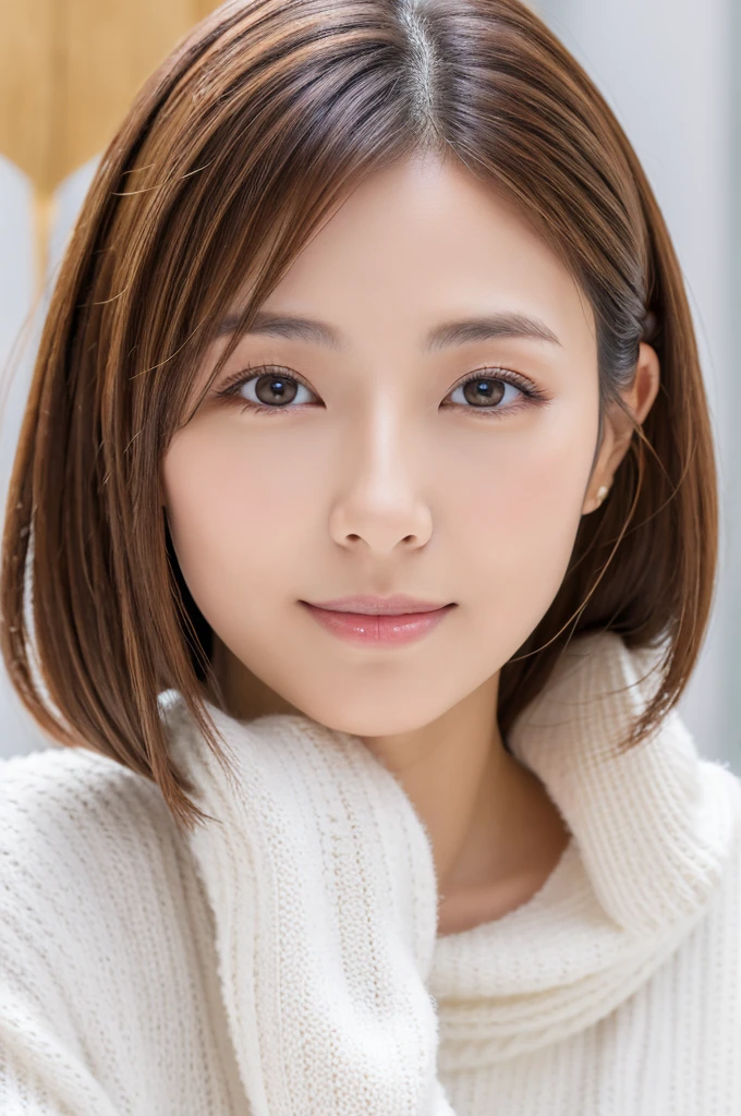 Japanese women, 30th Generation, Adult female、Background white, Simple背景, White brown hair, thin, 4K, 8k, high quality, Beauty Products, Beautiful Eyes, Simple, High resolution,1 person,Beautiful Skin,Beautiful Skin,Wearing a white knit