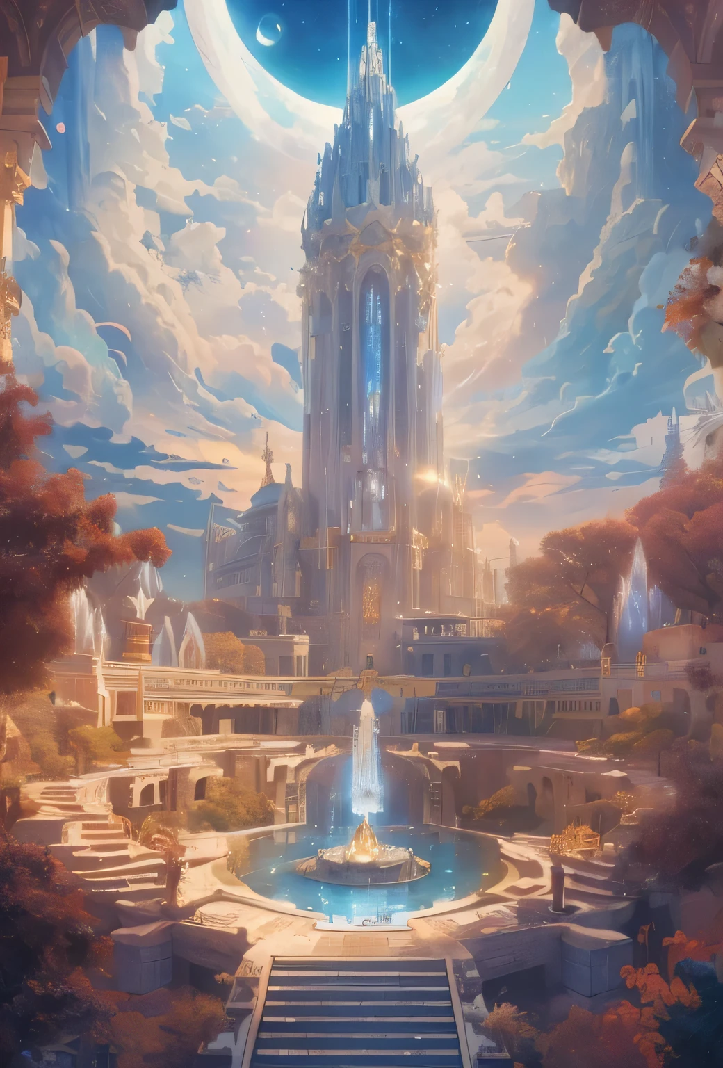 (best quality, masterpiece, detailed, new function), Majestic Sky Kingdom, With shimmering effects and eternal realm. Reflective surfaces and towering buildings. Stunning crafted details. A Cosmic Hymn to Zeus.
