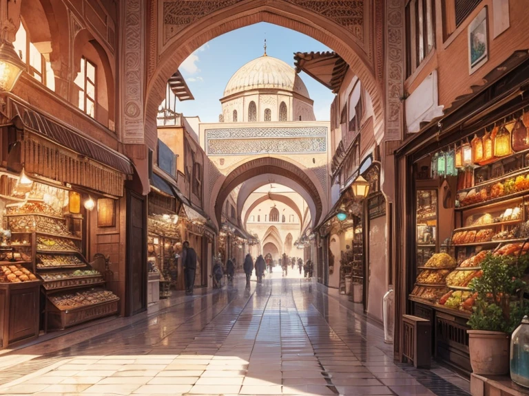 4k resolution picture, ultra realistic picture, Marrakech city, a huge mosque with dome on top, entire market area in top views, shops everywhere, Moroccan architectures, top views