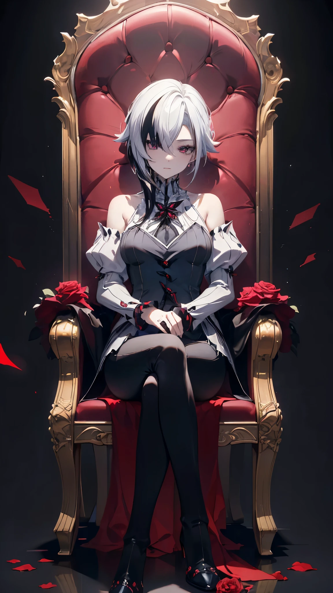 (masterpiece, top quality, best quality, official art, beautiful and aesthetic:1.2),(8k, best quality, masterpiece:1.2), (((masterpiece))),(((best quality))),(((extremely detailed))),illustration,who, (masterpiece, top quality, best quality, official art, beautiful and aesthetic:1.2),(8k, best quality, masterpiece:1.2), 1girl, arlecchino \(genshin impact\), (x-shaped eyes, symbol shaped eyes, cross eyes), (masterpiece), best quality, (masterpiece, top quality, best quality, official art, beautiful and aesthetic:1.2), extremely detailed, highest detailed, arlecchino_\(genshin_impact\) 1girl, 1girl, solo, mature female, white hair, black hair, multicolored hair, x-shaped pupils, black eyes, dark red and black background, sitting, crossed legs, pants, juliet sleeves, head rest, elbow rest, expressionless, bored, squinting, sitting on throne, crossed legs, high heels,black roses, red roses abstract background, glitch, glitching, static noise, glitching background, loomy, 