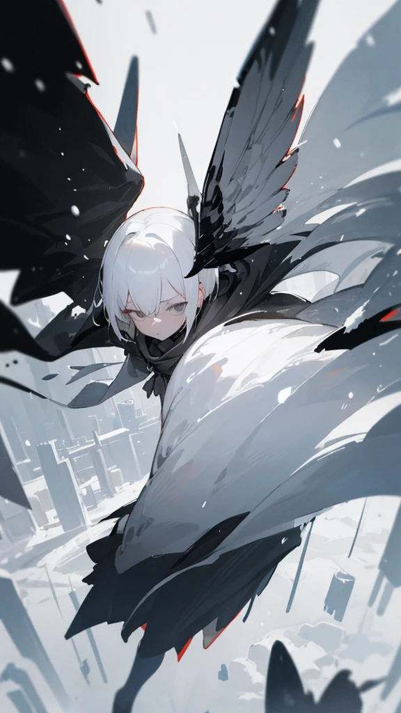 (masterpiece、highest quality)、Short nape hair、1 girl with very short white hair、Black cardigan、Grim expression、Grey Eyes、Warm lighting、 Blurred foreground、night深く、High Contrast、night、In the city,it&#39;s snowing,Heavy snowfall,winter,Alone in the vast snowy field,whole body,curse,Facing forward,Huge construction,Flying with robot wings