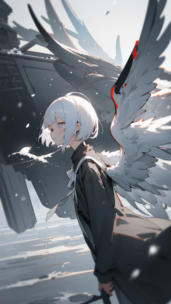 (masterpiece、highest quality)、Short nape hair、1 girl with very short white hair、Black cardigan、Grim expression、Grey Eyes、Warm lighting、 Blurred foreground、night深く、High Contrast、night、In the city,it&#39;s snowing,Heavy snowfall,winter,Alone in the vast snowy field,whole body,curse,Facing forward,Huge construction,Flying with robot wings