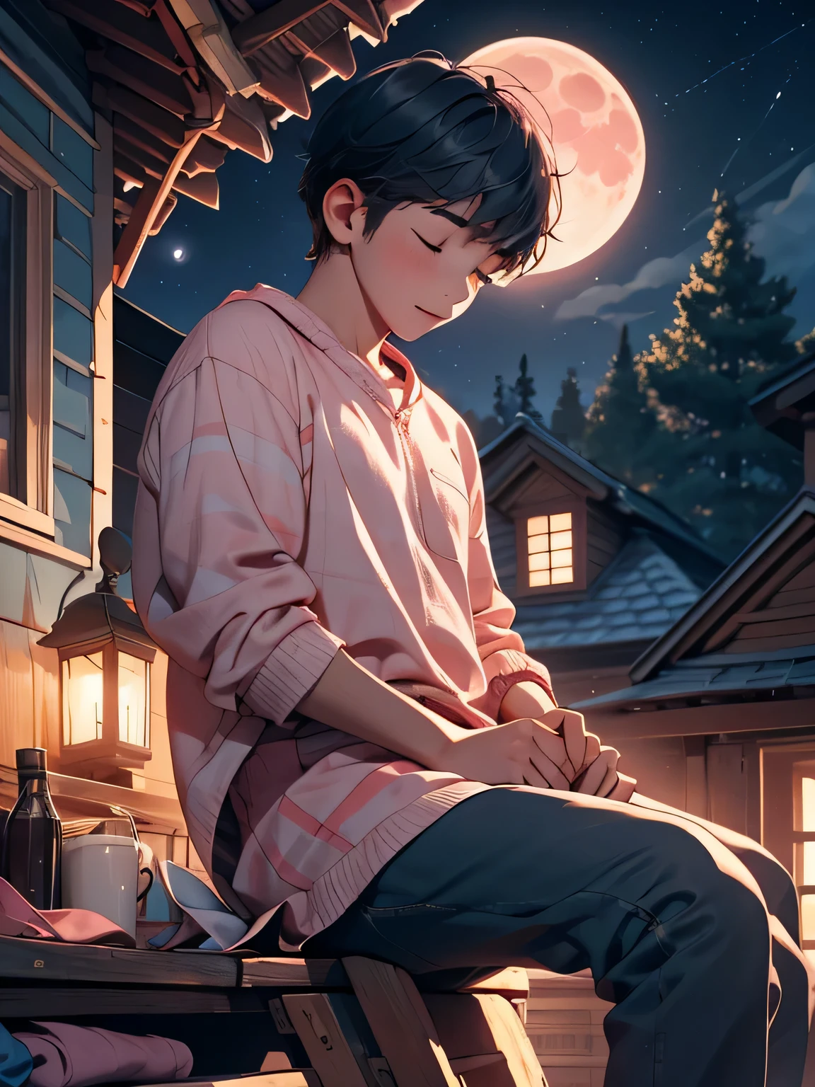a boy stooping back with his hands while lying ,watching the pink moon night ,sleeping on the house roof