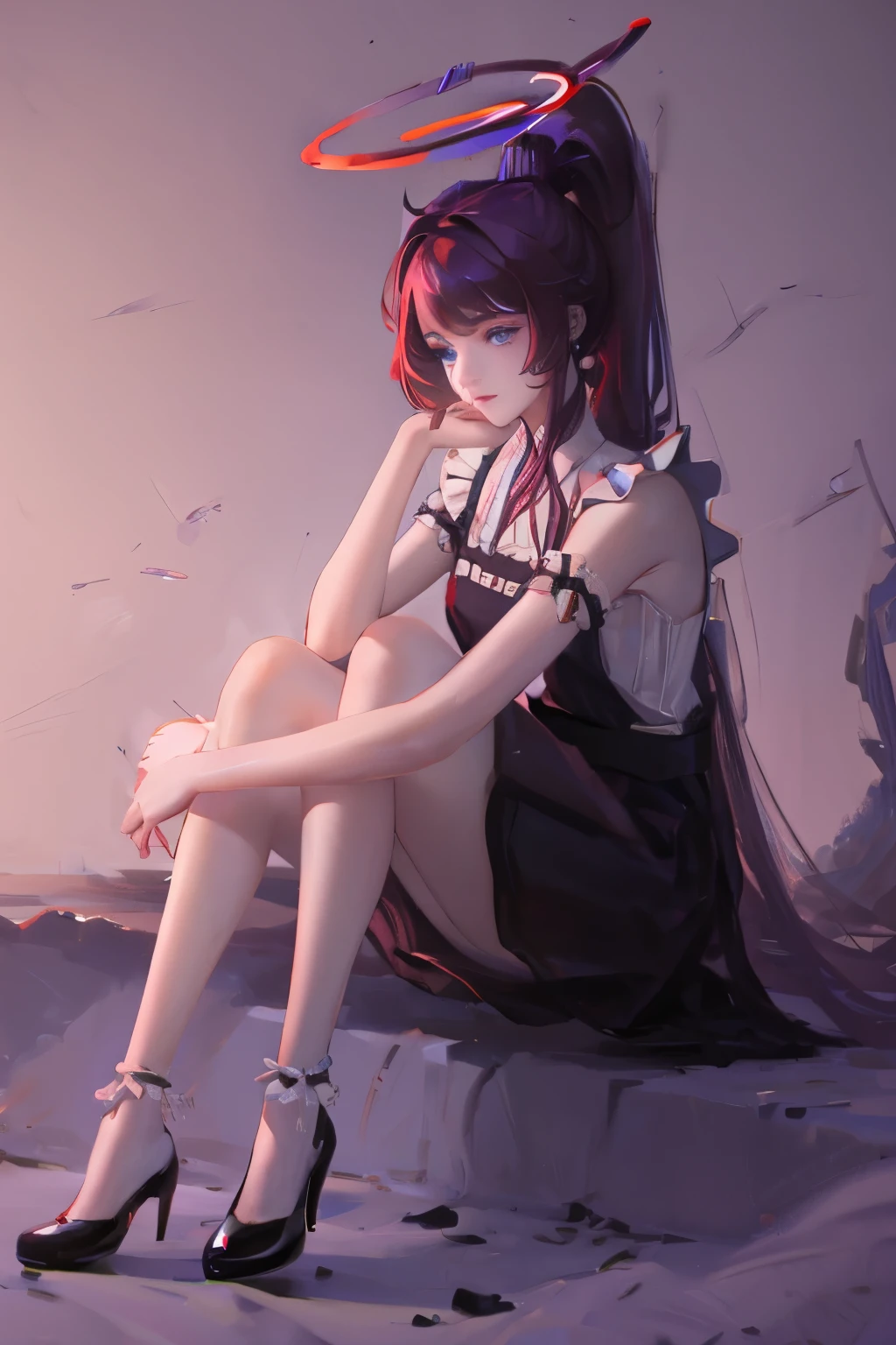 masterpiece,(best quality, illustration,Delicate face:1.3),(1 Girl,Solitary:1.3),Beautiful and delicate eyes,  apron, slope_background, slope, maid, Purple Eyes,red hair,Small Breasts,, rest, enmaided, White_apron, Black_skirt, Ponytail, Black_Footwear, Frilly_apron, skirt, maid_apron, spare_hair,very long hair, _Ponytail, Halo 