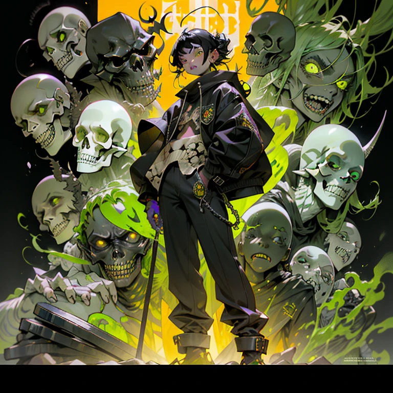a person standing in front of a bunch of skulls, goblin girl dnd character, yellow uneven teeth, from arknights, cd cover artwork, eldritch color scheme, contrast icon, green slime, black hair and large eyes, demon boy, sfw version, uncropped, sachin teng, [[blood]], twitter pfp, corrupted