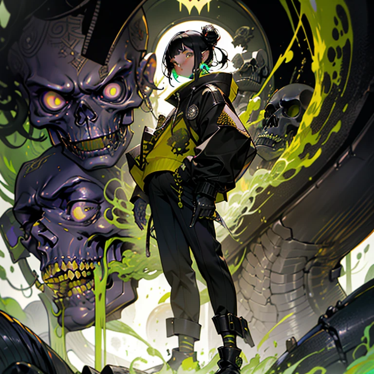 a person standing in front of a bunch of skulls, goblin girl dnd character, yellow uneven teeth, from arknights, cd cover artwork, eldritch color scheme, contrast icon, green slime, black hair and large eyes, demon boy, sfw version, uncropped, sachin teng, [[blood]], twitter pfp, corrupted