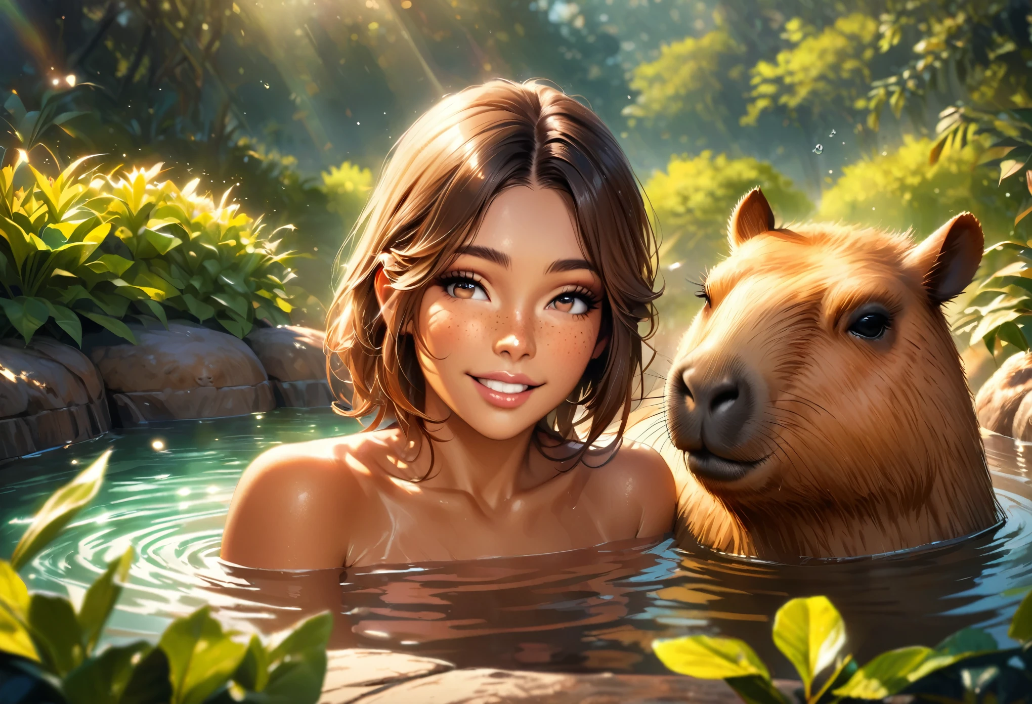 (best quality,highres),ultra-detailed,realistic, A capybara is soaking in a hot spring, capybara, beautiful detailed eyes, beautiful detailed lips, long eyelashes, green garden, fluffy capybara, innocent smile, tan skin, freckles, flowing brown hair, adorable expression, vibrant colors, sunlit atmosphere, gentle breeze, playful interaction, joyful moment