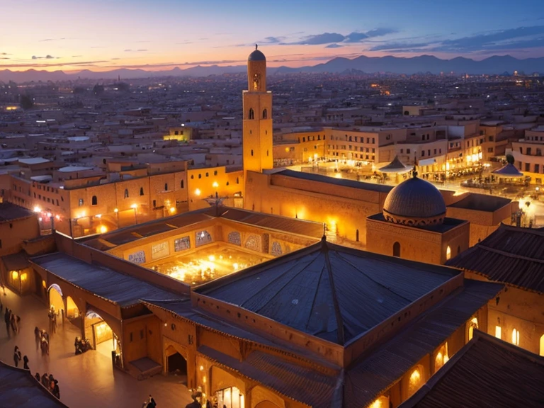 4k resolution picture, ultra realistic picture, Marrakech city, a huge mosque with dome on top, night time, entire market area in top views, shops everywhere, Moroccan architectures, top views