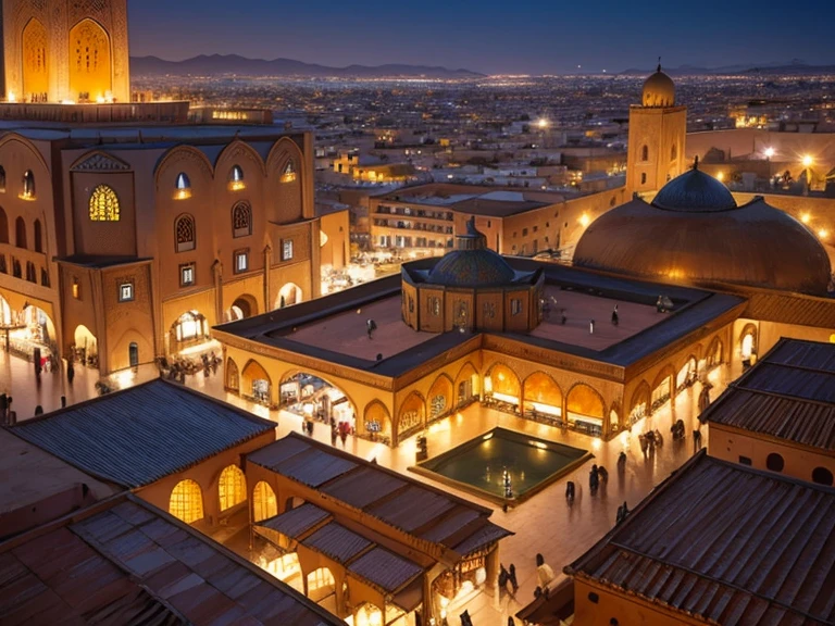 4k resolution picture, ultra realistic picture, Marrakech city, a huge mosque with dome on top, night time, entire market area in top views, shops everywhere, Moroccan architectures, top views