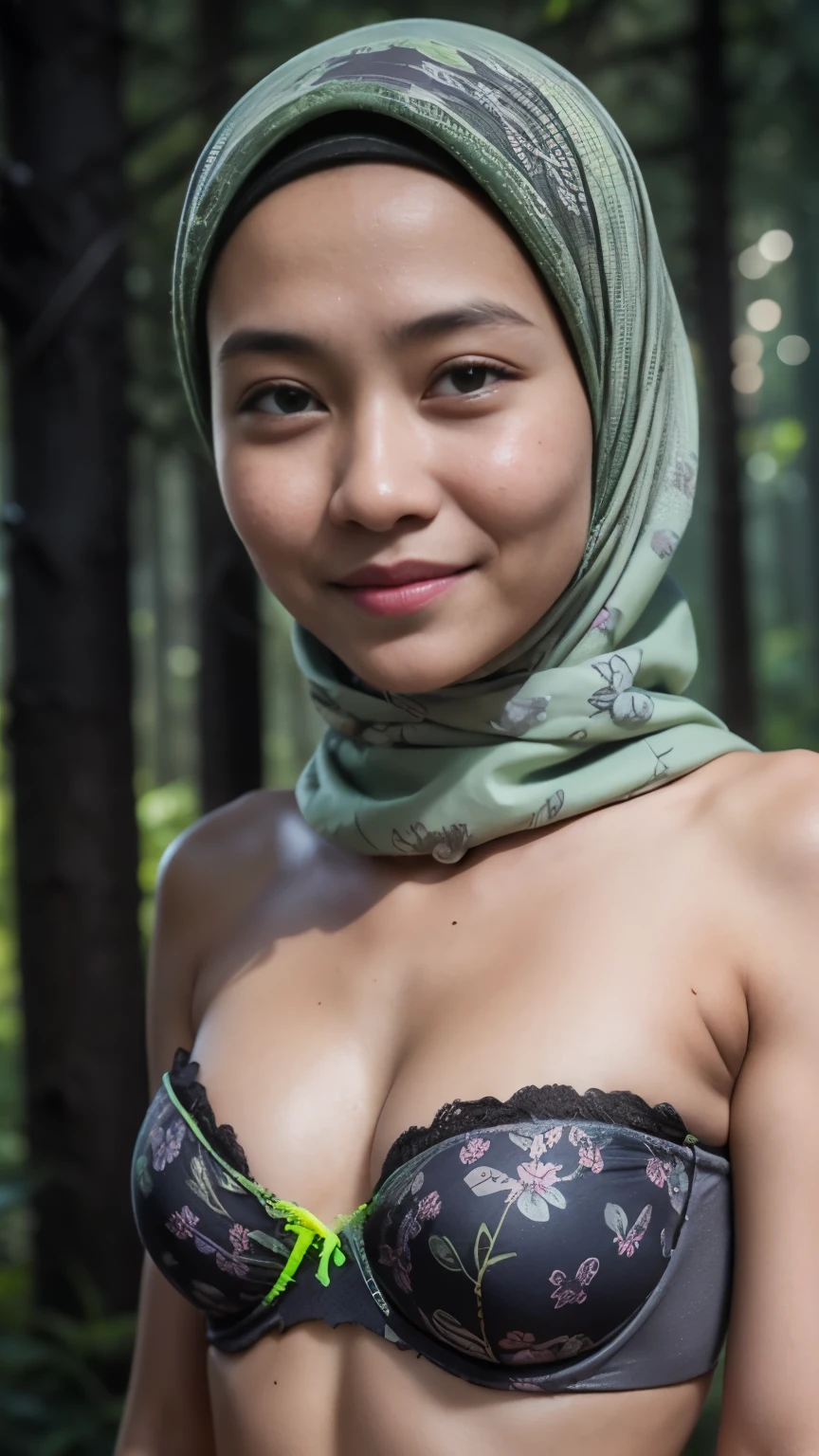 (from behind up) seductive pose, ((Flat Chest:1.2)), (Happy smile), (((HIJAB MALAY GIRL))), masutepiece, High quality, UHD 32K, Realistic face, Realistic skin feeling , A Japanese Lady, 58 years old matured lady, , Very cute and baby-like face, (((FLAT CHEST))), (Night time at forest), ((look In front  at the camera and SADNESS)), (((GREEN & GREEN FLUORESCENT))), (((CUTE GIRL))), ((GREY FLUORESCENT LIPS)), ((Floral Pattern)) little ((wearing pastel lace strapless bra)), dark night background , black forest night, horror scary place, dark and creepy night atmosphere 