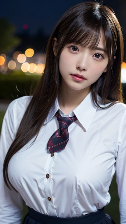 1 girl, Very bright backlight, alone, {Beautiful and detailed}, Night view in the background, Very beautiful big (Huge breasts:1.5) And a small waist ((Press the chest)) 、Big Breasts,Calm expression, Natural soft light,, Delicate features, Blunt bangs, Beautiful Japanese Girl, 18-year-old, ((Model pose)), attractive figure,(Brown Hair), Light grain, Real Hands, masterpiece, highest quality, Realistic, Very detailed, In detail, High resolution,Beautiful long hair, Perfect dynamic composition, Beautiful and beautiful eyes, Japanese Idols,((I&#39;m nervous and embarrassed)),Sharp focus, beauty mix, (uniform:1.3),Movie Girl,Exhibitionism,shirt,tie,skirt,blazer
