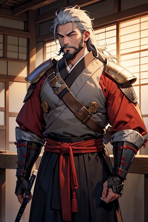 Takeda Katsuyori、Takeda Clan General、Japan 1582（Late Sengoku period）、Japanese Male、36 years old、whole body、Sengoku Warlords、Vermilion Japanese Armor（pocket、breastplate、Shoulder rest、Hand guard、Complete）、Japanese sword on waist、Rugged face、Sharp Eye、rich beard、shortage々Dark long hair、Blue back、Muscular、legs are short、Abnormally large, muscular upper body、thick-boned、Hairy、
