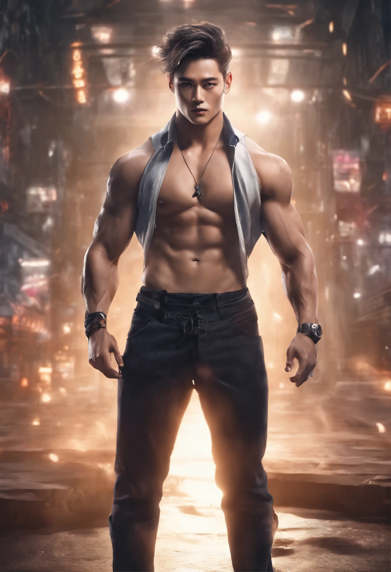 8K, masutepiece, Raw photography, Best Quality, Photorealistic, Highly detailed CG Unity 8K wallpapers, depth of fields, Cinematic Light, Lens Flare, Ray tracing, (Very beautiful and charismatic face, Beautiful lips, Beautiful eyes), intricately detailed face, (Ultra detailed skin), 1 man, In nature, In the deep shadows, Beautiful European Man, Kpop Idol, 1 male, (very strong and muscular body:1.3), (looking at audience), (Great determined appearance) :1.3), (Sleeveless), (Fashion City Night, a dark night, neon signs, Blurred background), Fashion Street Night, (The person behind々:1.3), Beautiful earrings, Bracelets, Necklace, pantyhose, Clear eyes, Walking, (pale skin), (Big eyes), Face forward, (upperbody shot), (loose-fitting clothes:1.3), (Brown hair), (Bosch Clothing, (Transparent), (looking at audience:1.3) Very strong ,, back turned, (Back shot), Transparent, Medium hip.