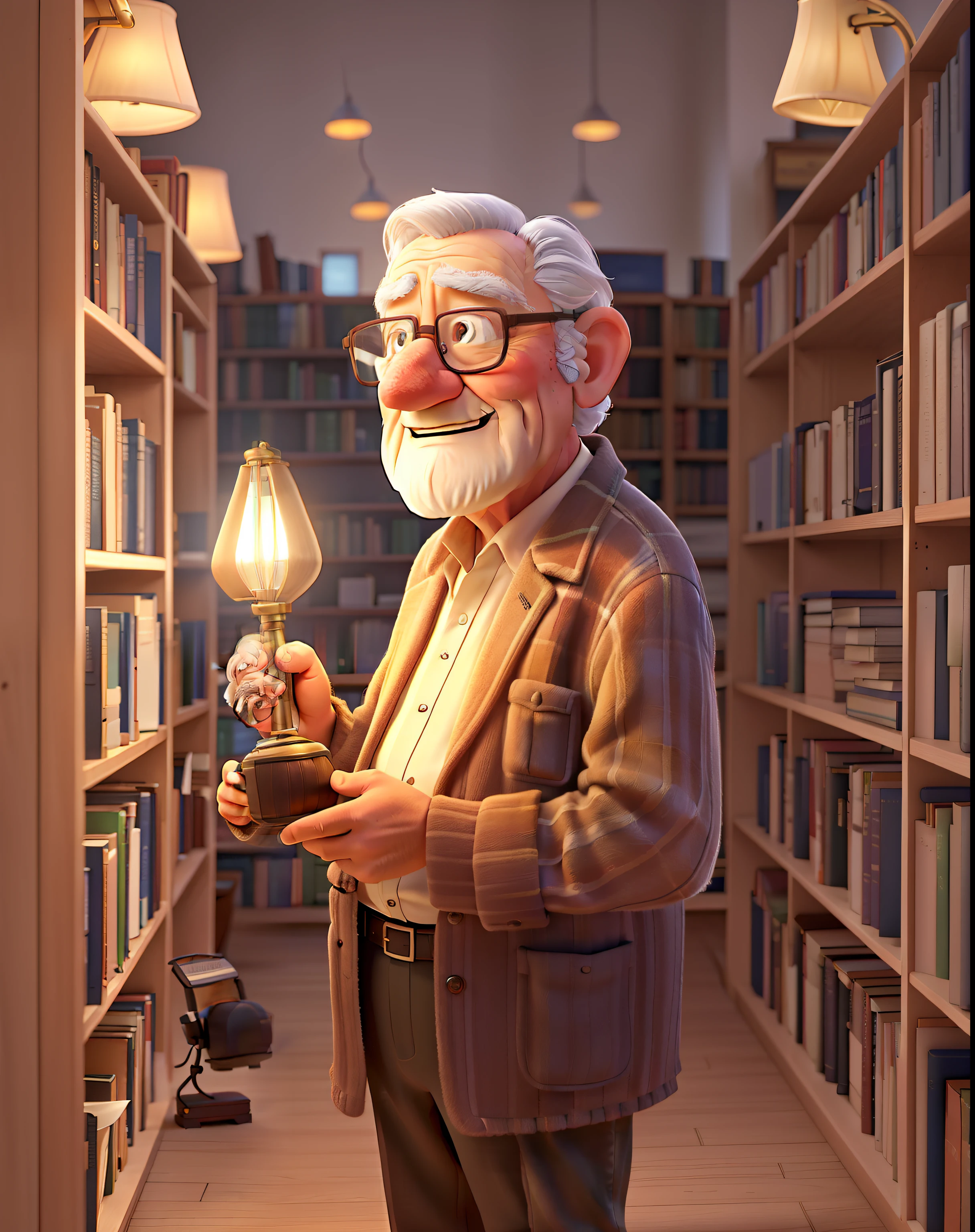 A wise old man standing in front, illuminated by the light of a lamp, against the backdrop of a library with camera and screen