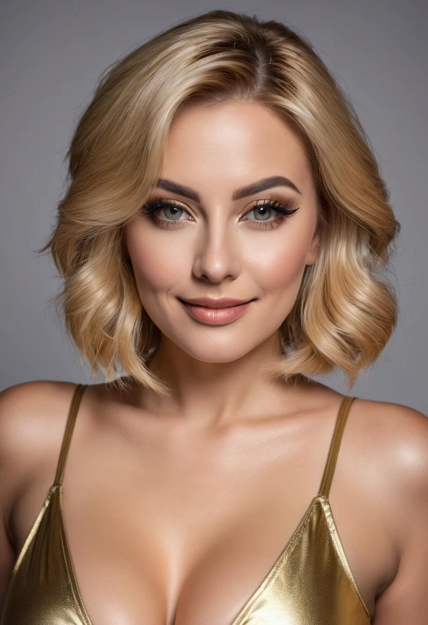 hyperrealistic beautiful busty 30-year-old women in shiny golden jumpsuit, model shooting mugshot photography, dyed blonde classic bob, dark eye makeup with eyeliner, seductive smile, 8K, best quality, Meisterwerk, ultra high resolution, (Realismus: 1.4), Originalfoto, (realistische Hautstruktur: 1.3), (Filmkorn: 1.3), (Selfie-Winkel), 1 girl, Beautiful eyes and facial details, Meisterwerk, best quality