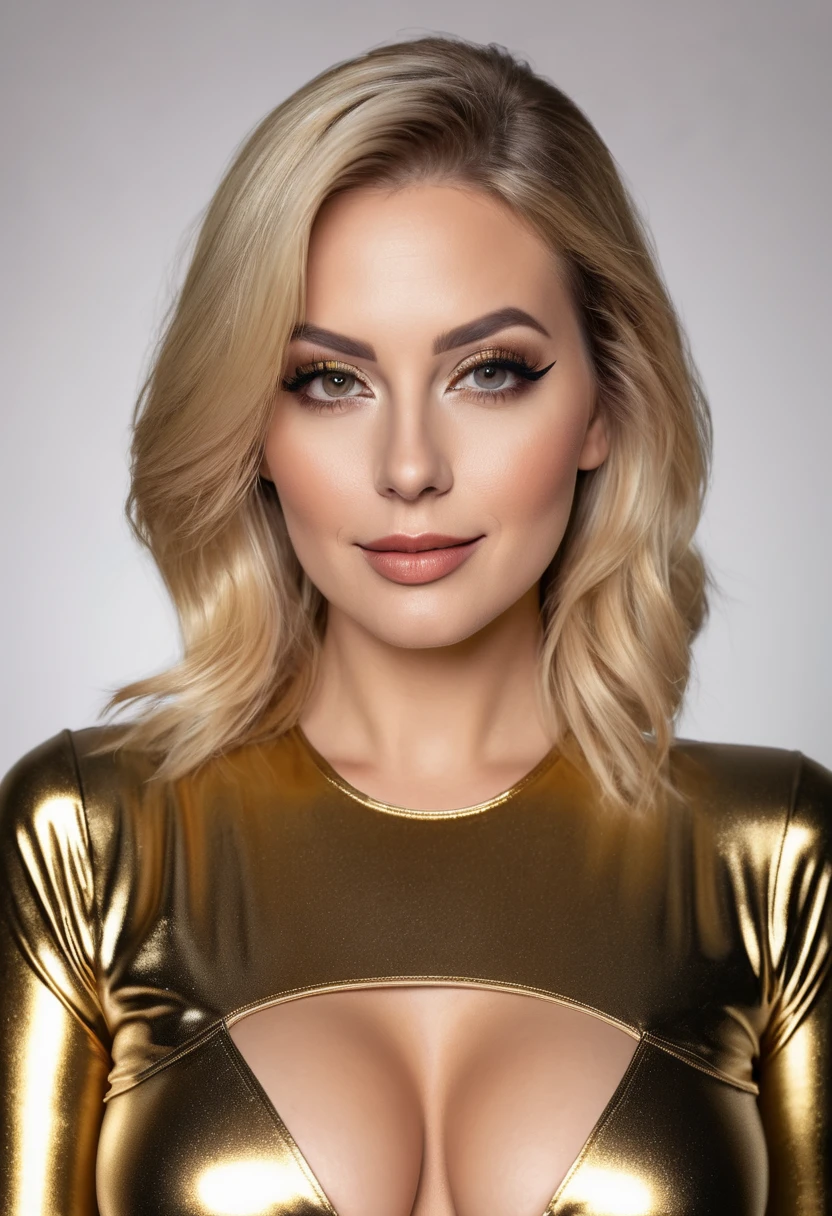 hyperrealistic beautiful busty 30-year-old women in shiny golden jumpsuit, model shooting mugshot photography, dyed blonde classic bob, dark eye makeup with eyeliner, seductive smile, 8K, best quality, Meisterwerk, ultra high resolution, (Realismus: 1.4), Originalfoto, (realistische Hautstruktur: 1.3), (Filmkorn: 1.3), (Selfie-Winkel), 1 girl, Beautiful eyes and facial details, Meisterwerk, best quality