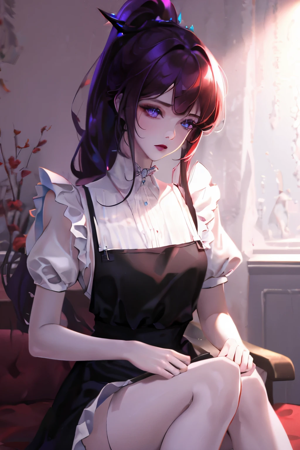 masterpiece,(best quality, illustration,Delicate face:1.3),(1 Girl,Solitary:1.3),Beautiful and delicate eyes,  apron, slope_background, slope, maid, Purple Eyes,red hair,Small Breasts,, rest, enmaided, White_apron, Black_skirt, Ponytail, Black_Footwear, Frilly_apron, skirt, maid_apron, spare_hair,very long hair, _Ponytail, Halo 