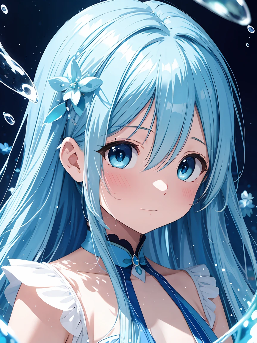 Masterpiece, best quality, extremely detailed, (illustration, official art: 1.1), (((((1 girl))))), ((light blue long hair))), light blue hair, 10 years old,  ((blush)), cute face, big eyes, masterpiece, best quality, ((a very delicate and beautiful girl)))), amazing, beautiful detailed eyes, blunt bangs (((little delicate girl)))), tareme (true beautiful: 1.2),
,Bubble, under the water
、An extremely close up portrait with low exposure inspired by the cover art of Wind of Change by MAXPVNK, of a light blue  haired girl facing the camera, her face submerged up to nose level in clean, still, glowing neon blue lent water, only her blue eyeballs visible shining brightly in focus beneath the glowing surface looking directly at the viewer, small delicate blue flowers decorating her hair, against a dark blurred background, intricate water ripples radiating from her nose, digital painting in highly detailed niji anime art style, --ar 1:1 --niji