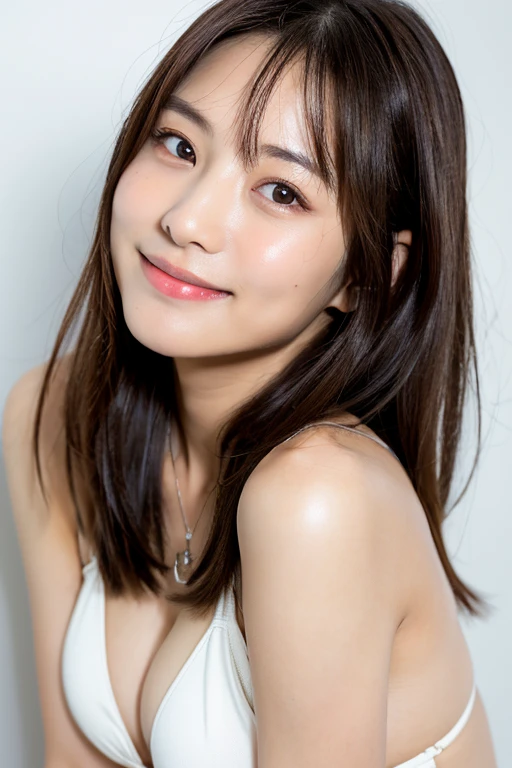 ((Tabletop,highest quality)), (Like the picture:1.4),((Tabletop,8k))、White wall、(White Room)、((Full body photo))、Photographed in natural light、Highly detailed face and skin texture、Highly detailed lips、The correct state of the human body、Ultra-high resolution、(Photorealistic:1.4)、highest quality, One beautiful woman, 38 years old, s, 150mm lens、Tiny Bikini、(Dark brown long hair)、Japanese women、(Dark brown hair)、Various poses、Looking at the camera、Natural color lip、 necklace、indoor、the whole body is turned to the front、Slender、Closed mouth smile、Small breasts、The photo shows the body from the knees up