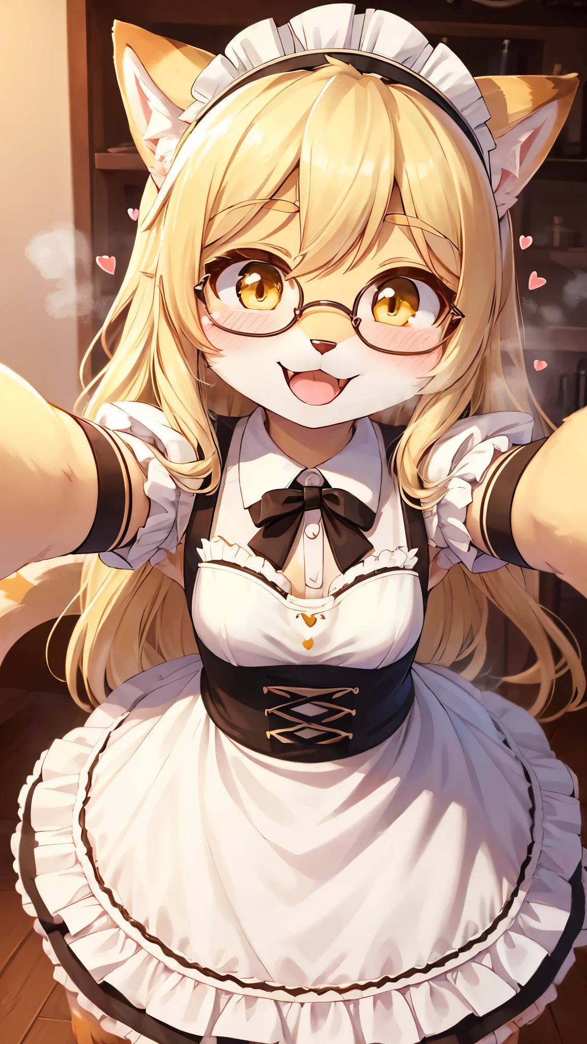 best quality,best resolution,(fluffy anthro furry :1.6),(young :1.8),cat girl,small breasts,light yellow hair,long hair,wavy hair,curvy hair,light yellow fur,yellow eyes,glistering eyes,sparkle eyes,huge circle glasses,maid outfit,maid headdress,maid gloves,ruffles,beautiful coffee cafe,white ligth,steam from coffee making machine,looking at viewer,full face blush,happy face,smile,heart eyes,heart expression eyes,shy pose,standing,open mouth,close up,face to face,zoomin face,two hand selfie,heavy breath