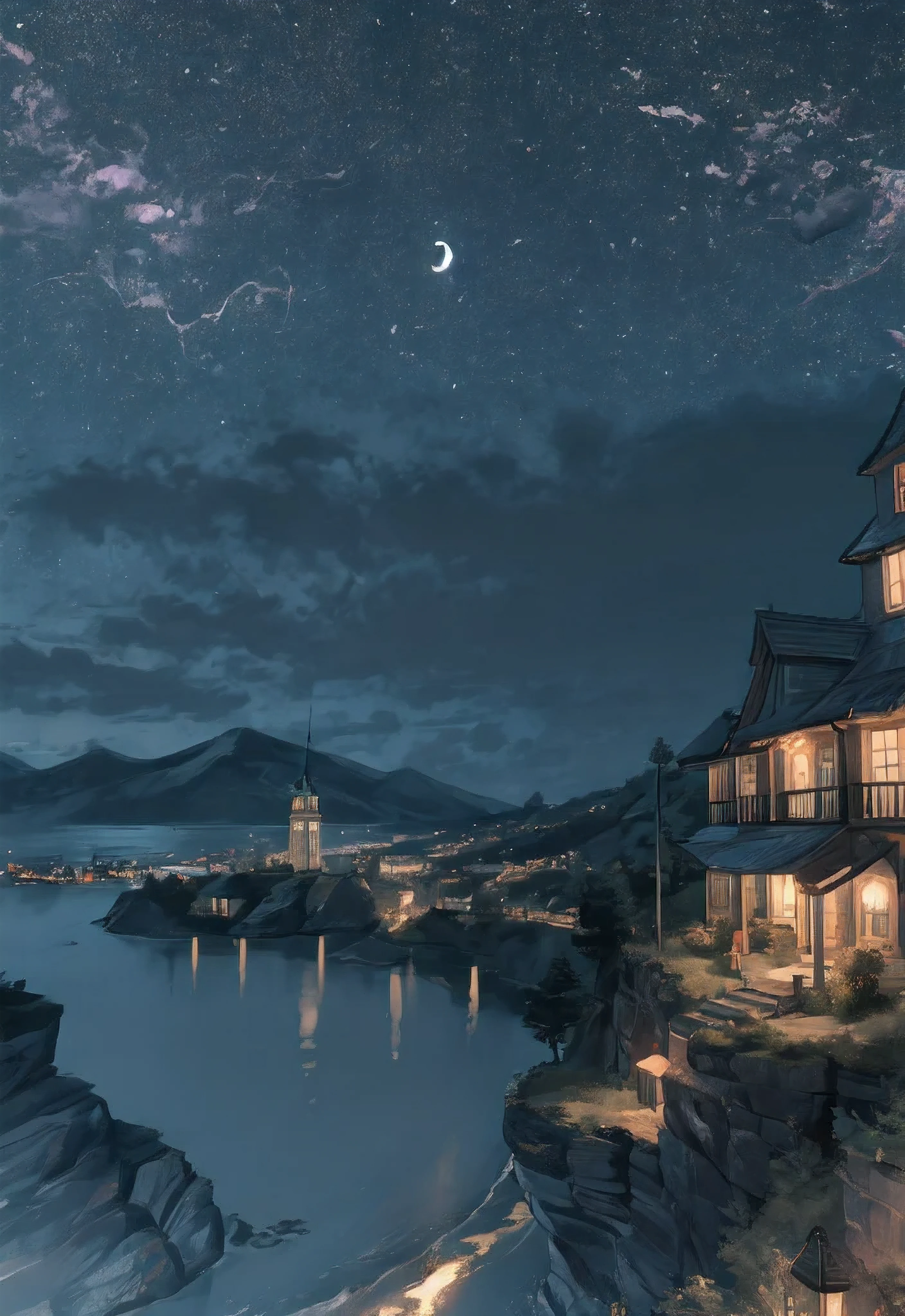 Draw me a dungeons and dragon campaign map residing on a cliff, viewing from a cliff, night, town