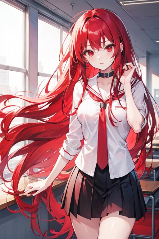 Long hair, red hair, anime girl, classroom background, red eyes, red lips
Anime style