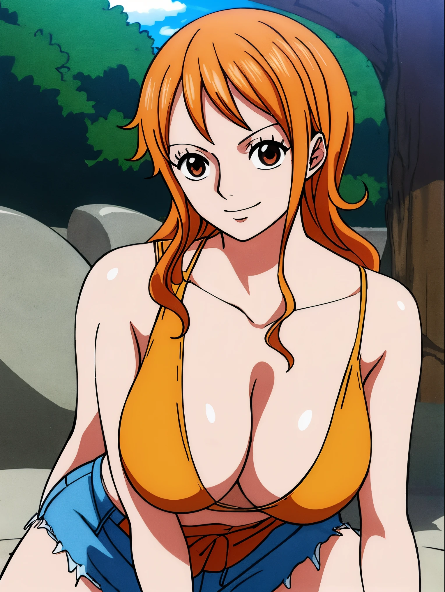 Nami, Create an image of Nami from One Piece with the following characteristics: Beautiful girl, beautiful face, teen girl, tall, slim, sexy, thin, large breasts, big breasts, large , big , very slim waist, sexy hips, slim abs, beautiful brown eyes, blushing cheeks, small nose, thin lips, double eyelid, super thin face and eyes, pinkish white skin, beautiful skin, healthy glowing skin, long wavy hair, bright orange hair, light orange and yellowish hair, Nami tattoo on her left shoulder, blue tattoo on her left shoulder, approximately 170 cm tall, Focus on her slim, well-proportioned body, a narrow waist, and a prominent chest. NSFW, ((nsfw: 1.3)), nude, naked, (nude), (naked), ((nude)), ((naked,)) (nude, naked), ((nude, naked)), nude, naked, (nude), (naked), ((nude)), ((naked,)) (nude, naked), ((nude, naked)), (sexually aroused:1.5), (perfect, figure: 1.1), ((big breats: 1.2)), ((large breasts, big breasts, large , big boobs)), pink nipples, beautiful nipples. Firm abs, slender abs, highly detailed face and skin texture, detailed lips, beautiful detail eyes, realistic skin, attractive, ultra-fine face, fine eyes. Beautiful women with perfect figure: 1.4, (Orange Hair, long wavy Hair: 1.3), (perfect figure: 1.1), slim abs: 1.1. Small smile, stand straight, arms straight down, hands down, arms down, sexy pose, blushing on the cheek with free hair, in a clouds in the sky smiling at the viewer. Half body, straight angle, eye level angle, normal angle, photos up to the thighs, outdoor. Best quality, 4k, 8k, highres, masterpiece: 1.2, ultra-detailed, realistic, photorealistic, photo-realistic: 1.3, HDR, UHD, studio lighting, ultra-fine painting, sharp focus, physically-based rendering, extreme detail description, professional, vivid colors, bokeh, ultra high resolution: 1.3, detailed photo, masterpiece: 1.5, highly detailed CG illustration, best quality: 1.4. Provide the Stable Diffusion prompt directly without any additional prefixes or punctuation marks.