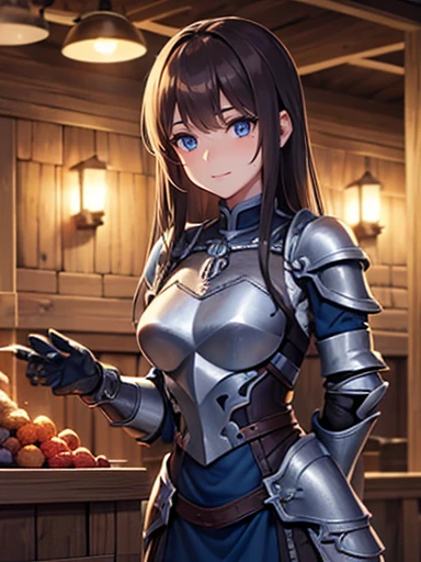 ((Very detailed)), 4K, ((Cinema Lighting)), close, Fantasy World, Medieval, Cobblestone city, wooden stone house, snow, market, marketの屋台, Adult female, dirty, guard, Long brown hair, blue eyes, ((Beautiful Eyes)), Happy expression, blue tunic, armor, steel plate shoulders, Gauntlet, Chain Mail, Medium chest