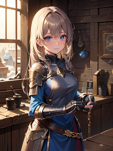 ((Very detailed)), 4K, ((Cinema Lighting)), close, Fantasy World, Medieval, Cobblestone city, wooden stone house, snow, market, marketの屋台, Adult female, dirty, guard, Long brown hair, blue eyes, ((Beautiful Eyes)), Happy expression, blue tunic, armor, steel plate shoulders, Gauntlet, Chain Mail, Medium chest