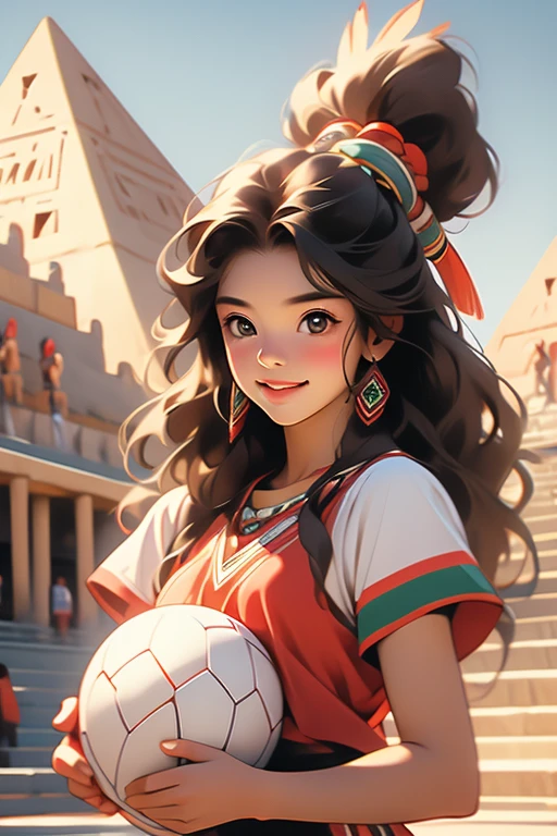native american, aztec, young woman, athletic, ball game, mexican pyramid, holding ball in her hand, short brown hair, smile