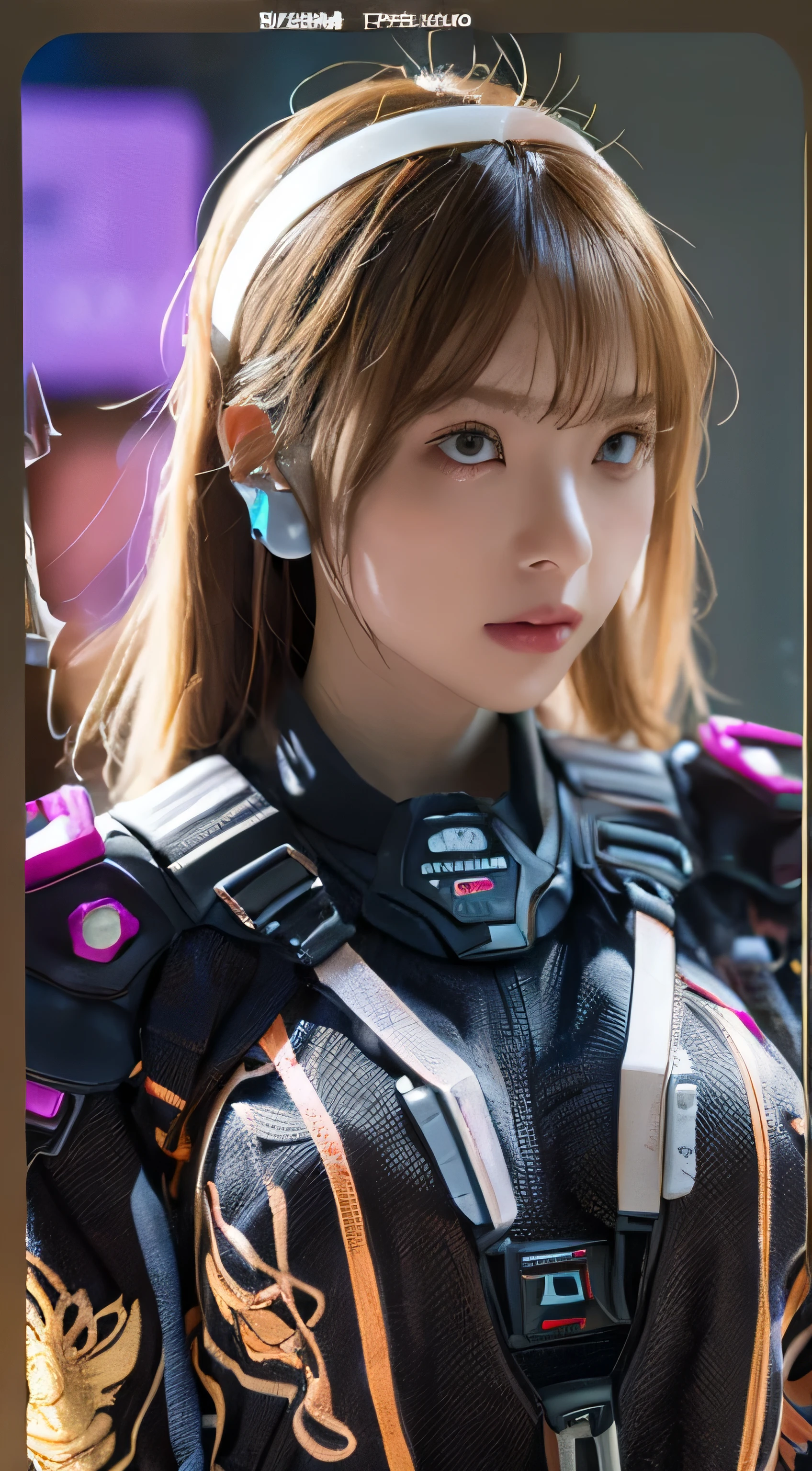 ((highest quality)), ((masterpiece)), (detailed:1.4), 3D, Images of beautiful cyberpunk women,Hmph(High Dynamic Range),Ray Tracing,NVIDIA,Super Resolution,unreal 5,Scattered beneath the surface,PBR texturing,Post-processing,Anisotropic Filtering,Depth of written boundary,Maximum clarity and sharpness,Multilayer Texture,Albedo and Specular Maps,surface shading,Accurate simulation of light-matter interactions,Perfect Proportions,Octane Rendering,Two-tone lighting,wide aperture,Low ISO、White balance、Rule of thirds、8K RAW、There are a number of cables connected to the back of the head.,、Mechanical Headset、White plastic body、huge 、Face and chest skin visible、organic machinery、Glowing LED、Hydraulic cylinder、Intense golden decoration、Gothic ta detailed、The background is Cyberpunk City、