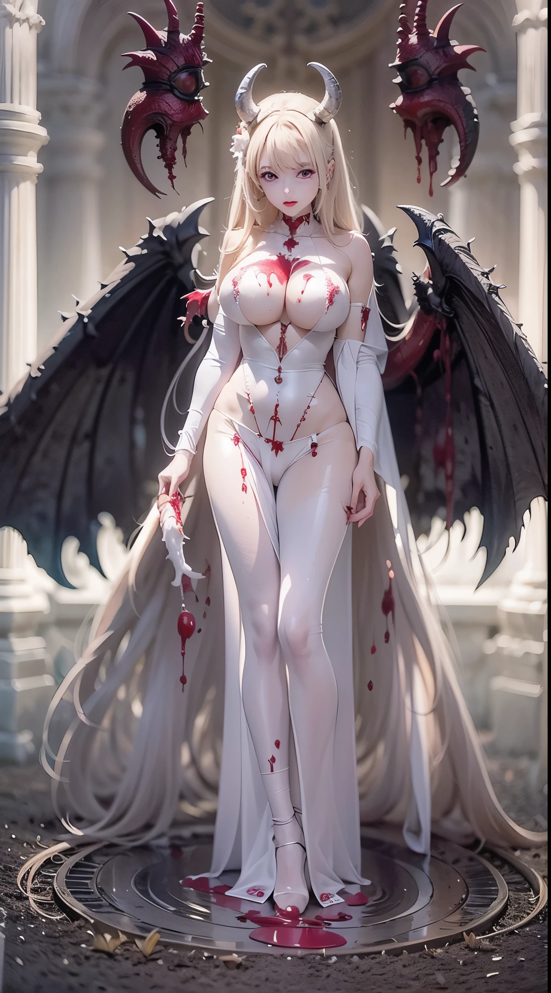 beautiful demon girl， masterpiece, best quality, highres, outdoors ，Full body shot:2, dominant on demon kings，wings，blood，femdom，white slime，cum_juice，anatomy correct