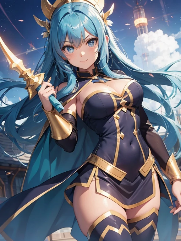 4K,High resolution,One Woman,Blue Hair,long hair,Big Breasts,Valkyrie,Blue sacred leotard armor,Blue boots,Black fishnet stockings,Winged headgear,Jewelry decoration,Holy Sword,Temple in the Sky