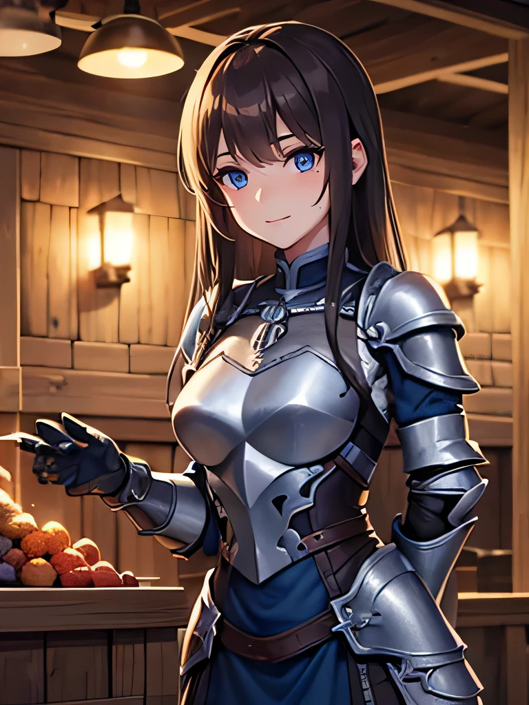 ((Very detailed)), 4K, ((Cinema Lighting)), close, Fantasy World, Medieval, Cobblestone city, wooden stone house, snow, market, Market stalls, Adult female, dirty, guard, Long brown hair, blue eyes, ((Beautiful Eyes)), Happy expression, blue tunic, armor, steel plate shoulders, Gauntlet, Chain Mail, Medium chest