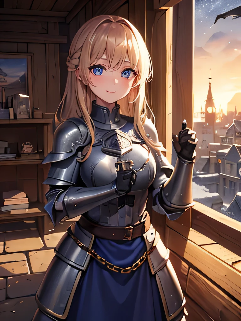 ((Very detailed)), 4K, ((Cinema Lighting)), close, Fantasy World, Medieval, Cobblestone city, wooden stone house, snow, market, Market stalls, Adult female, dirty, guard, Long brown hair, blue eyes, ((Beautiful Eyes)), Happy expression, blue tunic, armor, steel plate shoulders, Gauntlet, Chain Mail, Medium chest